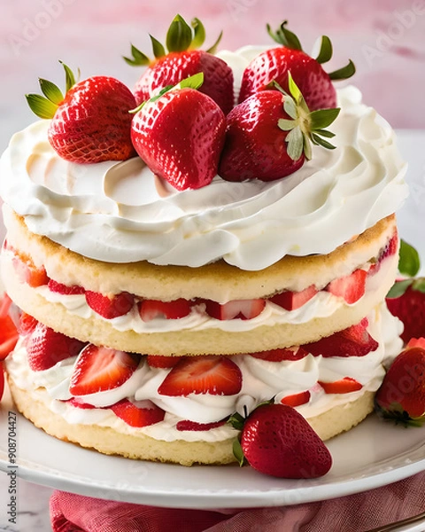 Obraz A delicate strawberry shortcake, featuring layers of light sponge cake, fresh strawberries, and whipped cream