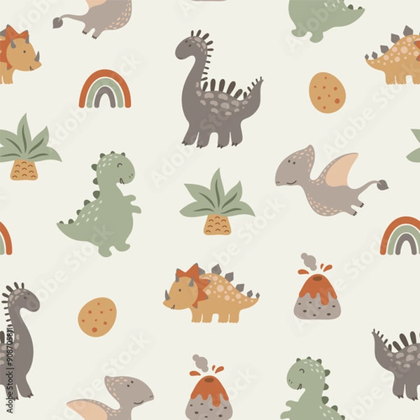 Fototapeta Seamless pattern with cute dinos, volkanos, palms, dino eggs and rainbows. Vector illustration.