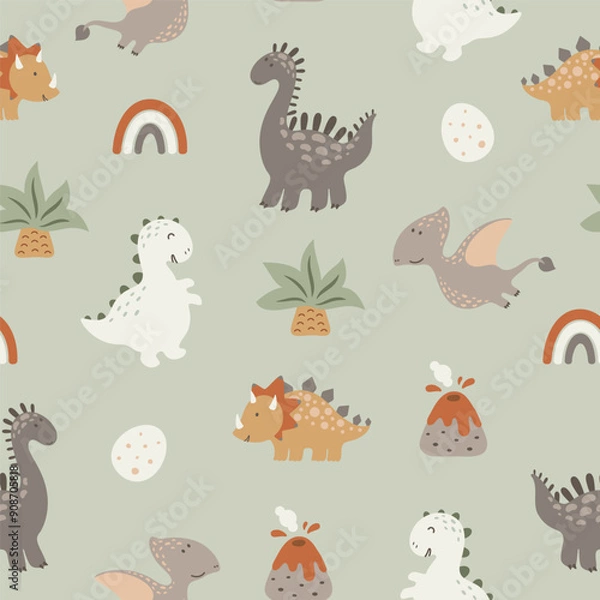 Fototapeta Seamless pattern with cute dinos, volkanos, palms, dino eggs and rainbows. Vector illustration.