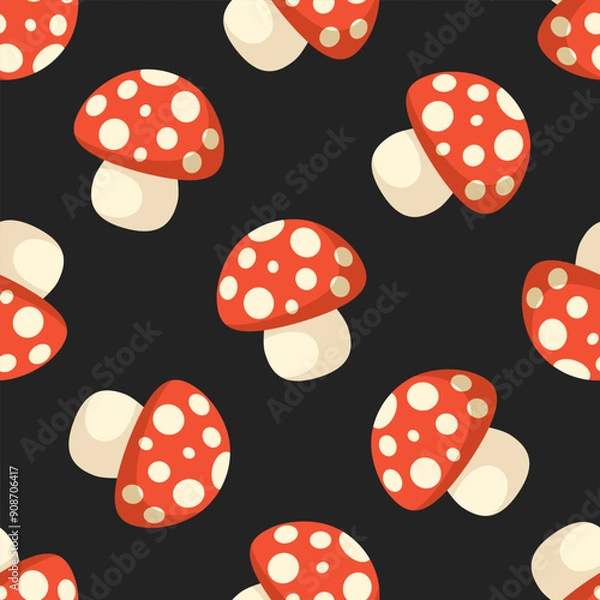 Fototapeta Agaric mushrooms with red cap and white dots on black background. Vector seamless pattern.