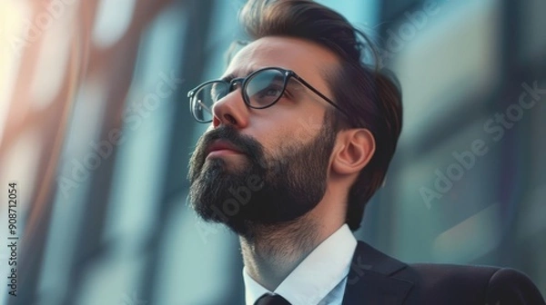 Fototapeta A confident businessman with glasses gazes upward, embodying ambition and success in a modern urban setting.