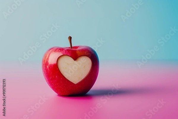 Obraz An apple with a heart-shaped cutout on a solid colored background in pink and blue with a simple composition in a minimalist style, with its shadow cast to one side.