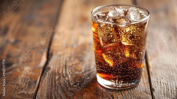 Fototapeta Refreshing Carbonated Beverage Poured Over Ice on Wooden Table