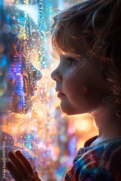 Fototapeta Child with a holographic pet, pixel pal, virtual friend