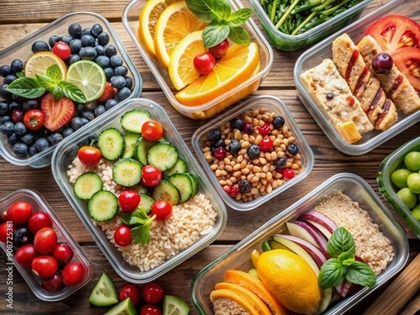 Fototapeta Fresh fruits, lean proteins, and whole grains are beautifully arranged in airtight containers, showcasing a nutritious meal prep for a healthy and fit lifestyle.