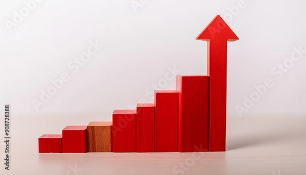 Fototapeta Red wooden rising bar graph with an upward arrow on white. Growth or progress. Business and finance