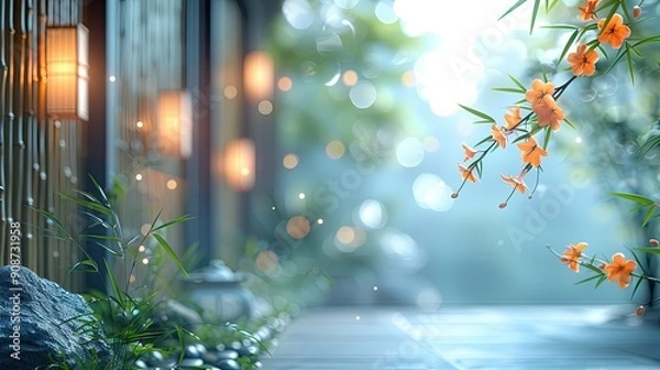 Fototapeta 3d render of terrace with flowers and bokeh background zoom office background