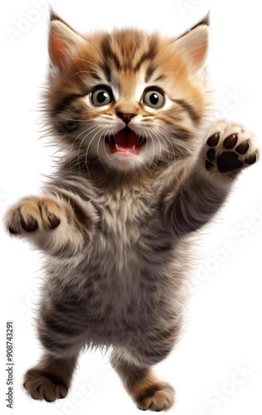 Fototapeta A playful tabby kitten leaps in the air with its paws outstretched. Its wide eyes and open mouth convey a sense of excitement and joy.