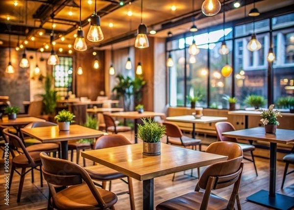Fototapeta Cozy atmosphere of a modern cafe with empty chairs and tables, warm lighting, and blurred background, perfect for depicting conversations and social gatherings.