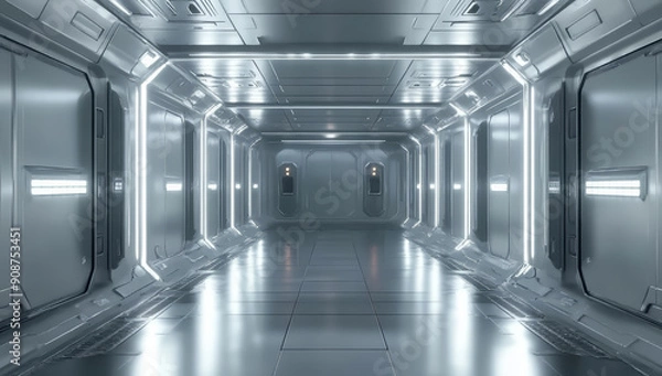 Fototapeta Futuristic Sci-Fi corridor with lighting, featuring sleek metallic walls and advanced technology.
