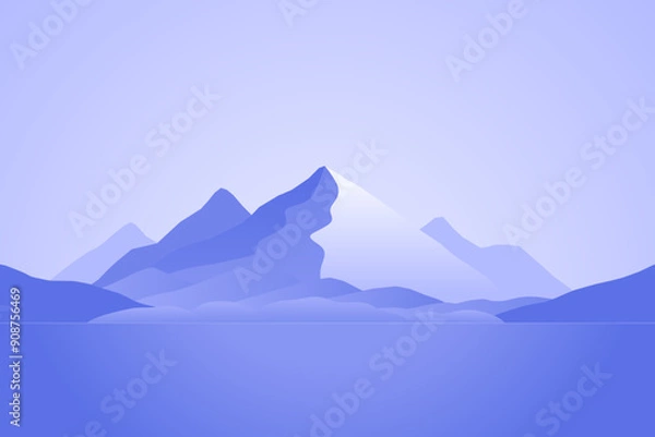 Fototapeta Minimalist landscape poster with lonely tree on island against mountain. Wild nature scene hand drawn painting. Lake and cliffs at twilight art wallpaper for prints and decoration. Vector illustration