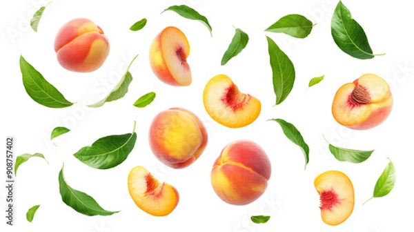 Fototapeta set of peach fruit with half slice and green leaves isolated on transparent white background, clipping path