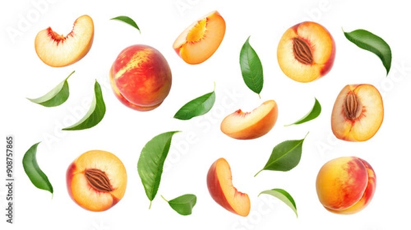 Obraz set of peach fruit with half slice and green leaves isolated on transparent white background, clipping path