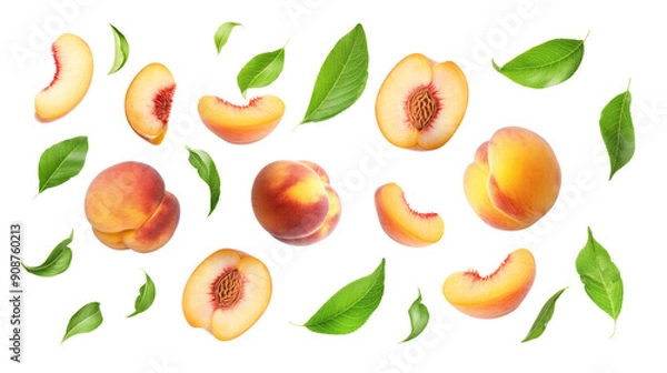 Fototapeta set of peach fruit with half slice and green leaves isolated on transparent white background, clipping path