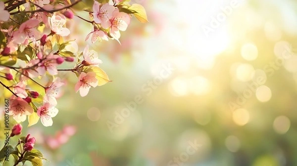 Fototapeta Spring is in the air! Capture the beauty of blooming trees and sunny skies with this stunning background. The abstract blur adds a touch of elegance, making it perfect for any spring-themed project.