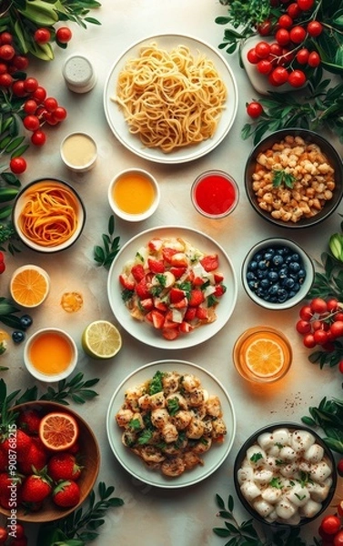 Fototapeta A colorful array of fresh ingredients and dishes arranged artistically, showcasing vibrant flavors and culinary creativity.