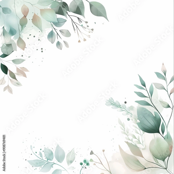 Fototapeta abstract ombre bohemian design earthy tones green leaves elegant illustration rectangle frame, clean white background 