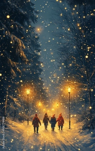 Fototapeta A serene winter evening with illuminated street lamps and snowflakes falling softly on a peaceful path amidst snowy trees.