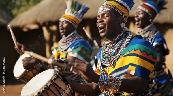 Fototapeta Ndebele men showcase their heritage through energetic dance and drumming, adorned in colorful attire during a cultural event