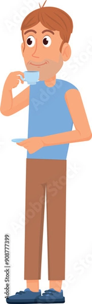 Obraz Guy drink coffee. Standing happy man with cup