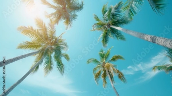 Fototapeta A vibrant view of palm trees against a bright blue sky, capturing the essence of tropical paradise and relaxation.
