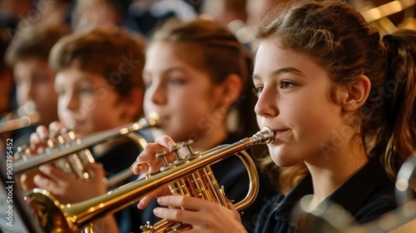Fototapeta Teenageers playing musical instruments at a concert as a part of the school musical orchestra band