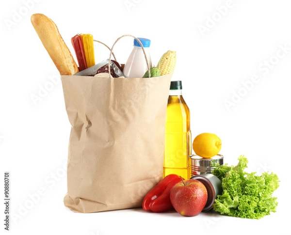 Obraz Paper bag with food isolated on white