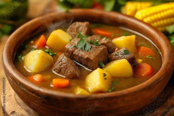 Fototapeta Bowl of Olla de Carne, a traditional Costa Rican beef soup featuring tender chunks of beef, potatoes, carrots, yucca, plantains, and corn on the cob, flavored with aromatic herbs and spices