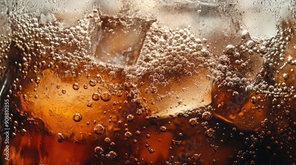 Obraz Refreshing cola with ice cubes, bubbles visible, close-up of carbonation