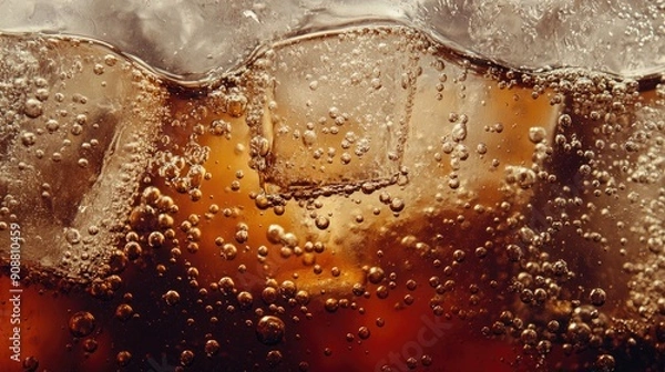 Obraz Refreshing cola with ice cubes, bubbles visible, close-up of carbonation