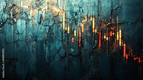 Obraz 赤く光る下落する株式相場チャートグラフと石の壁とコピースペース