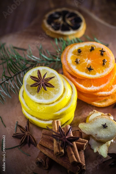 Obraz Citrus spices Lemon orange cloves cinnamon ginger Ingredients medicinal tea