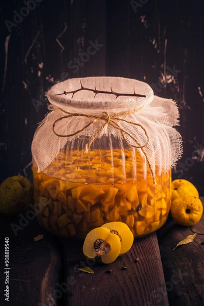 Obraz Sliced fruit quince jar covered sugar