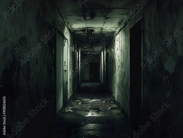 Fototapeta Abandoned Dimly Lit Corridor with Peeling Paint and Mold, Eerie Atmosphere of Neglect, Worn Flooring and Debris, Perfect for Creepy, Haunted, or Urban Exploration
