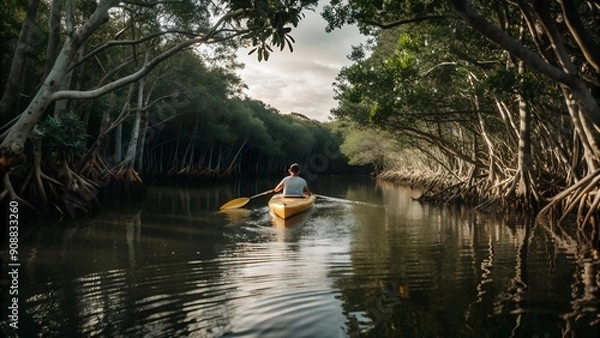 Fototapeta A lone kayaker glides through a serene mangrove forest, highlighting the tranquility and beauty of nature, suitable for travel brochures and adventure-themed content.