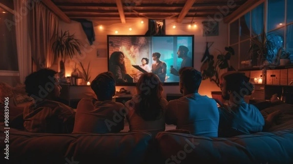 Fototapeta Group of friends watching a movie together in a cozy, dimly lit room. The scene highlights friendship, leisure, and entertainment. 