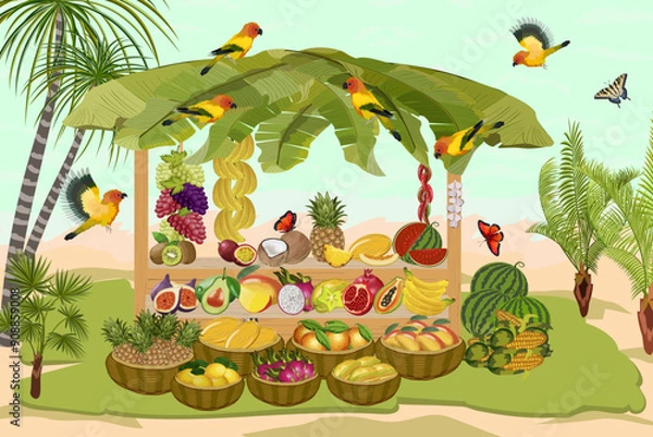 Fototapeta Trade tent and palms in illustration.Tropical vegetation and shopping tent with products in color vector illustration.