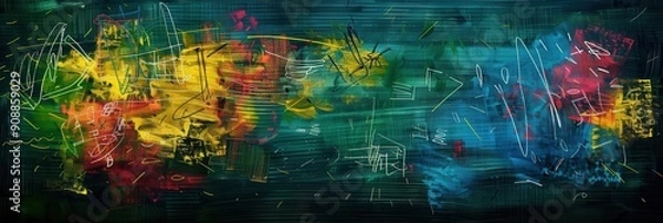 Fototapeta A chalkboard features an explosion of colorful brushstrokes and abstract shapes, showcasing creativity in an educational setting. Generative AI