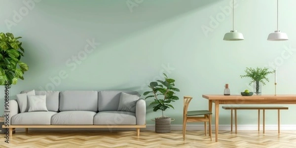Obraz Stylish living room with mint green walls, light wood parquet floors, grey sofa, wooden dining table, and two plants for a cozy and modern look.