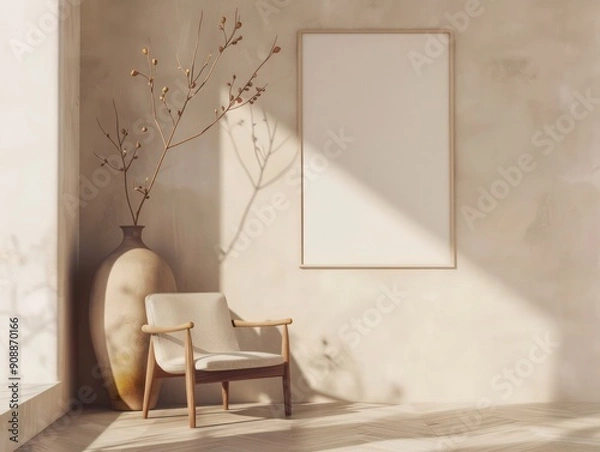 Obraz Japanese style office room with minimal portrait frame on wall, mid-century furniture, soft lighting, beige chair, ceramic vase with maple branch, and beige tones.