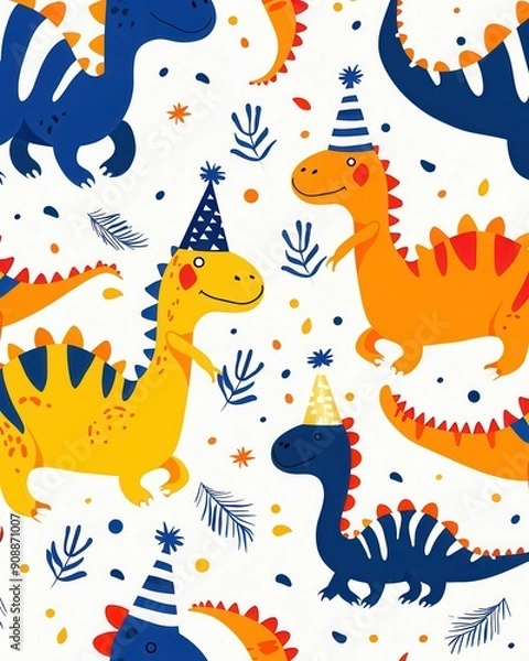 Fototapeta A cute birthday pattern with little dinosaurs in hats on a white background in illustration style and simple design.