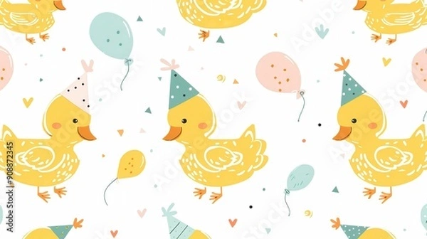 Fototapeta Cute pattern, birthday background with little ducks in hats on a white background in illustration style and simple design.
