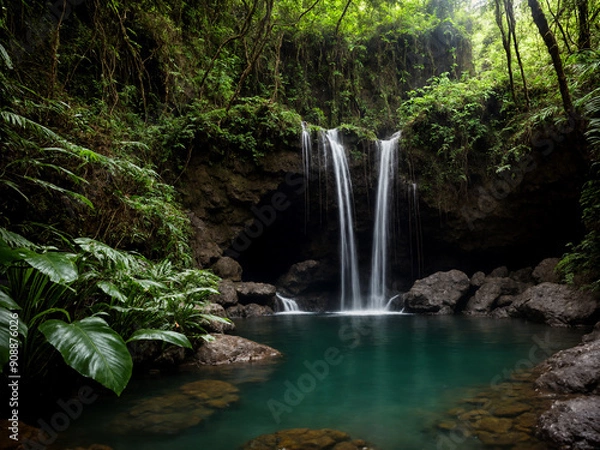 Obraz Beautiful jungle landscape with waterfall and iidyllic pond 