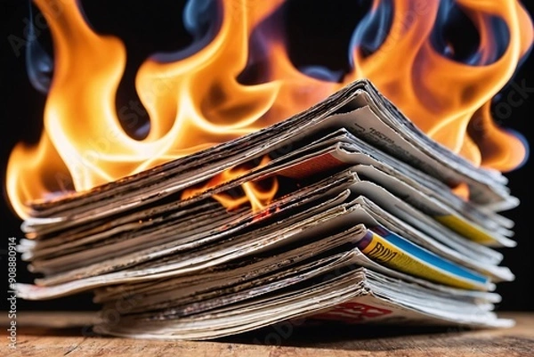 Obraz A stack of old magazines burning brightly, pages curling and blackening