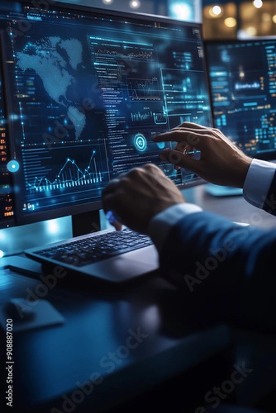 Obraz Data science, business intelligence. Business man using computer devices with internet global network technology and big data, cloud computing, AI software development, digital technology