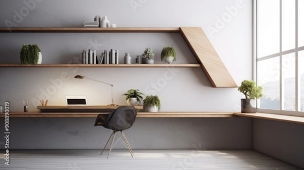 Obraz Minimalist workspace with floating shelves and geometric decor