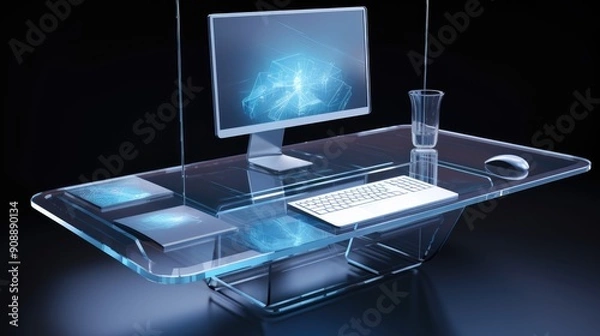 Obraz Modern office desk with a transparent computer and floating digital files