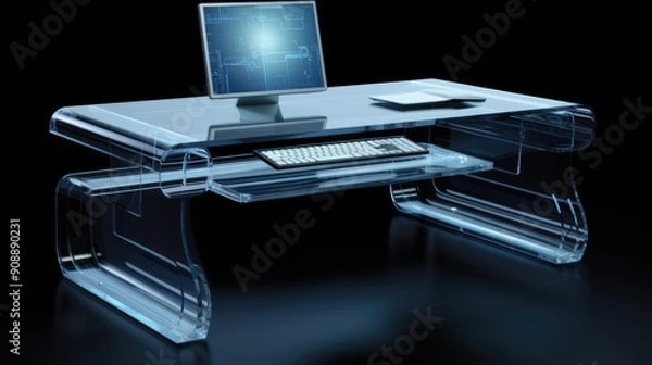 Obraz Modern office desk with a transparent computer and floating digital files