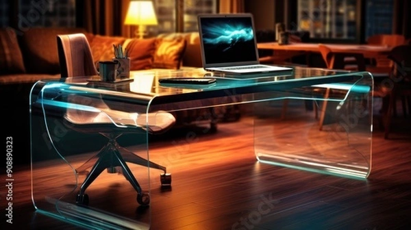 Obraz Modern office desk with a transparent computer and floating digital files