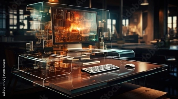 Obraz Modern office desk with a transparent computer and floating digital files